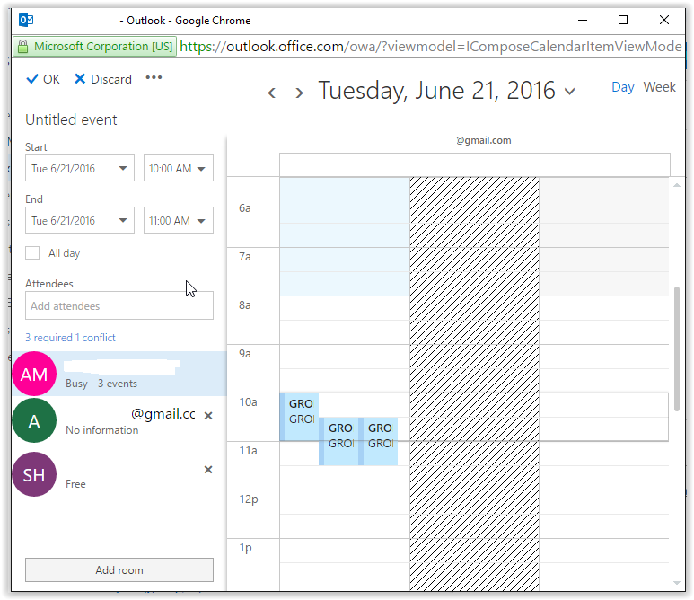 scheduling Assistant calendar showing two invitees, one with an LSU Mailbox and one without