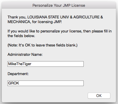 JMP License Personalization window