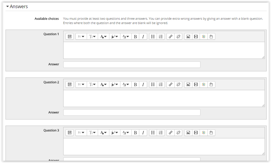 entering question and answer information for quiz