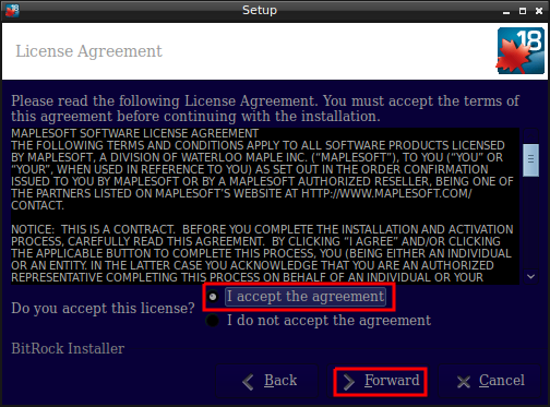 Accepting the License agreement screen