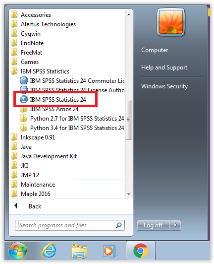  IBM SPSS Statistics 23 on the Start Menu