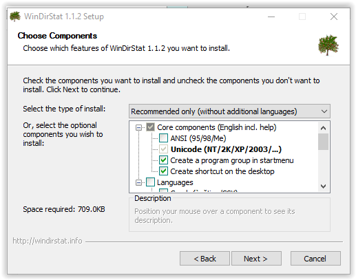 choosing installation components for WinDirStat install 