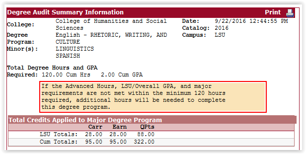 the degree audit summary window.