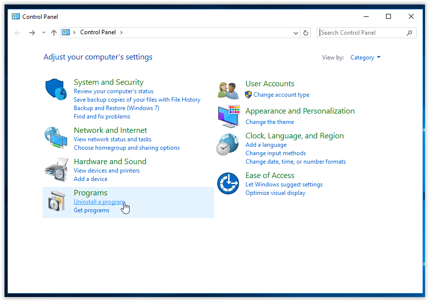 Programs in the Control Panel window 