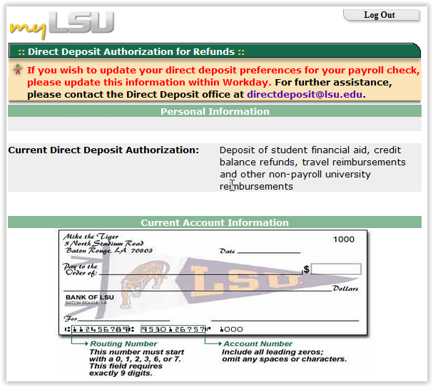 Direct Deposit of Refunds page