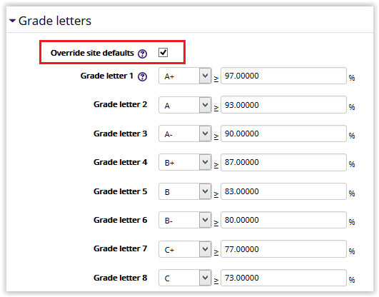 Grade Letters override checkbox