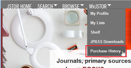 JSTOR website homepage with the MyJSTOR drop-down menu.