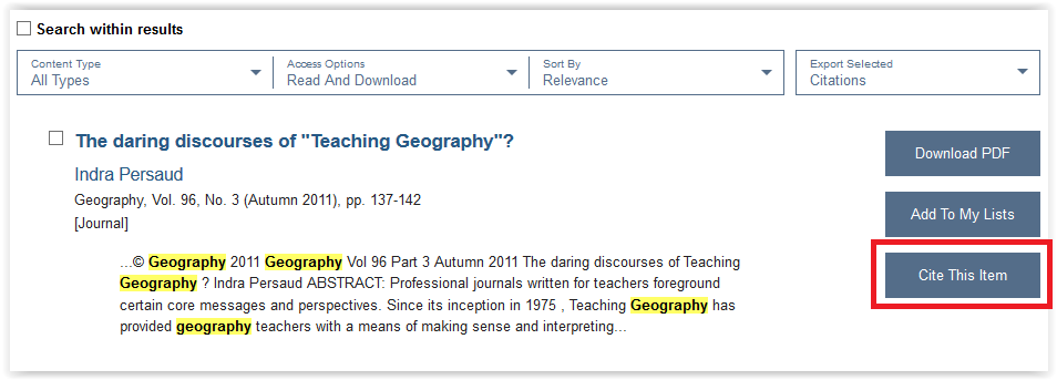 cite this item button on list of articles