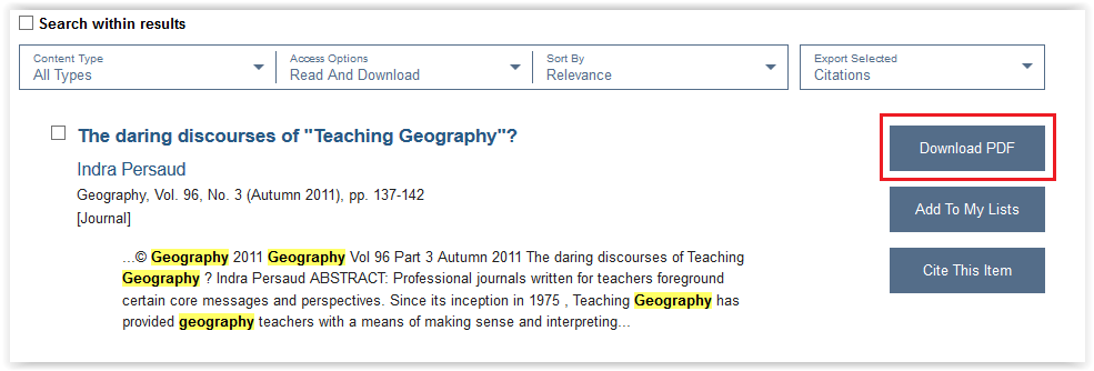 download pdf button on list of articles