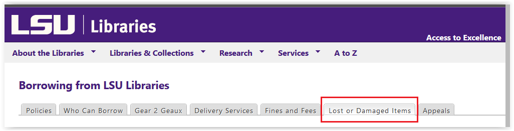 lost or damaged items tab in LSU online 