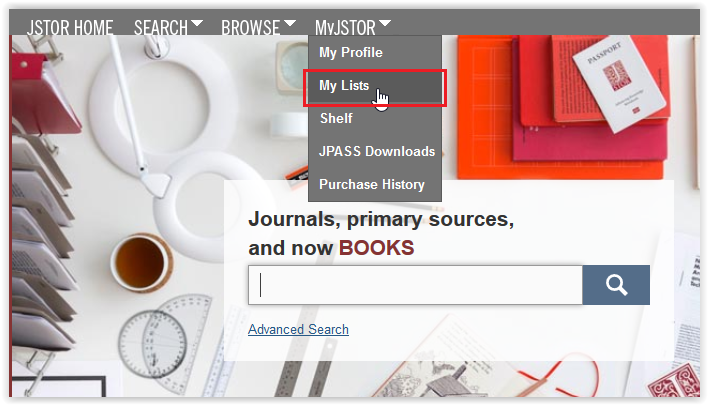 opening the JSTOR my lists tab