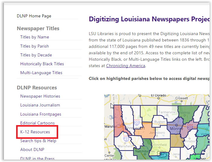 the k-12 resources option in the dlnp section