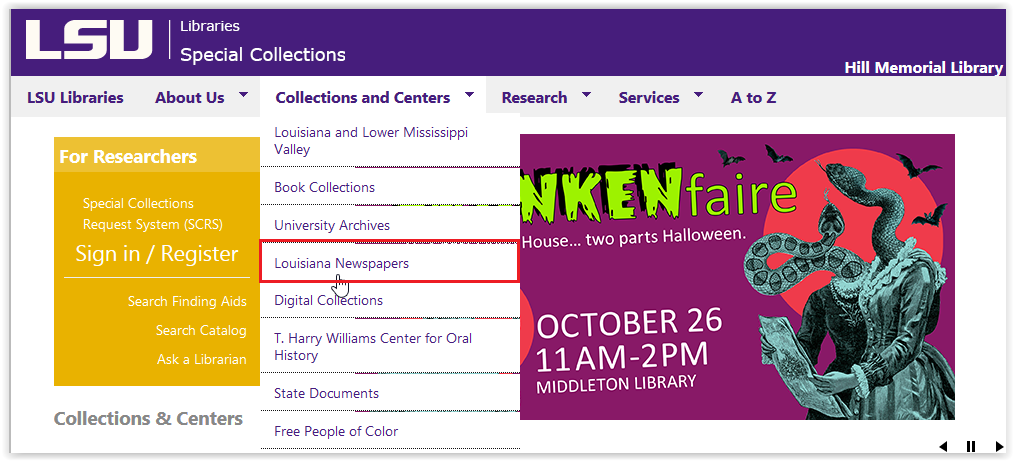 LSU Libraries Special Collections Collections&Centers/Louisiana Newspapers button