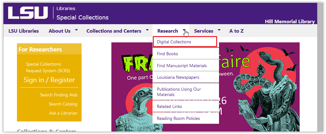 LSU Libraries special collections research/special collections button