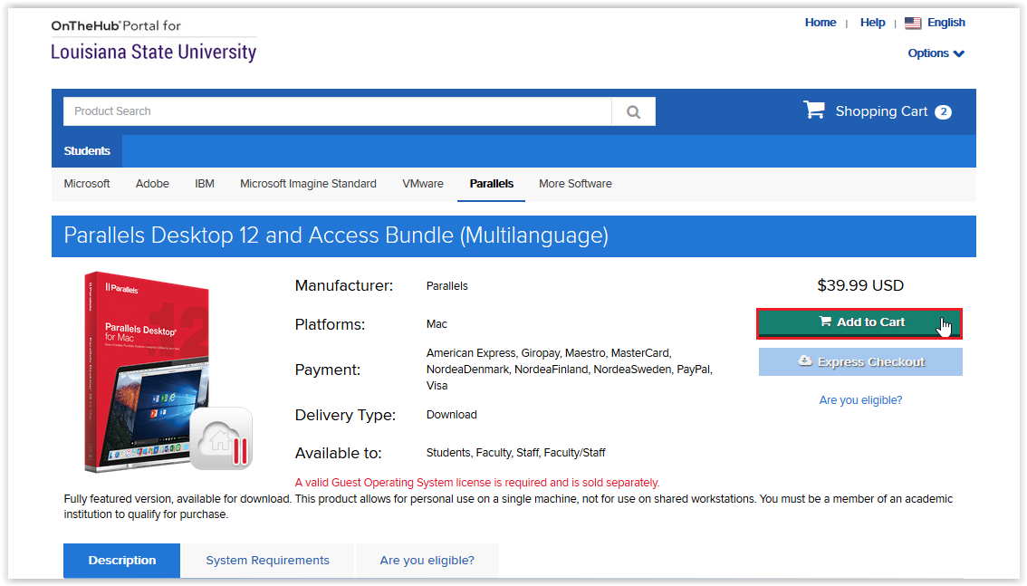 Add Parallels product(s) to cart webpage.