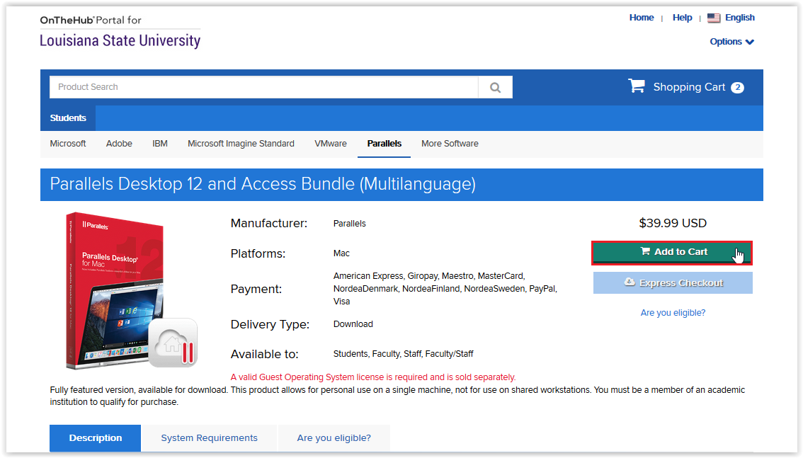 Add Parallels product(s) to cart webpage. 