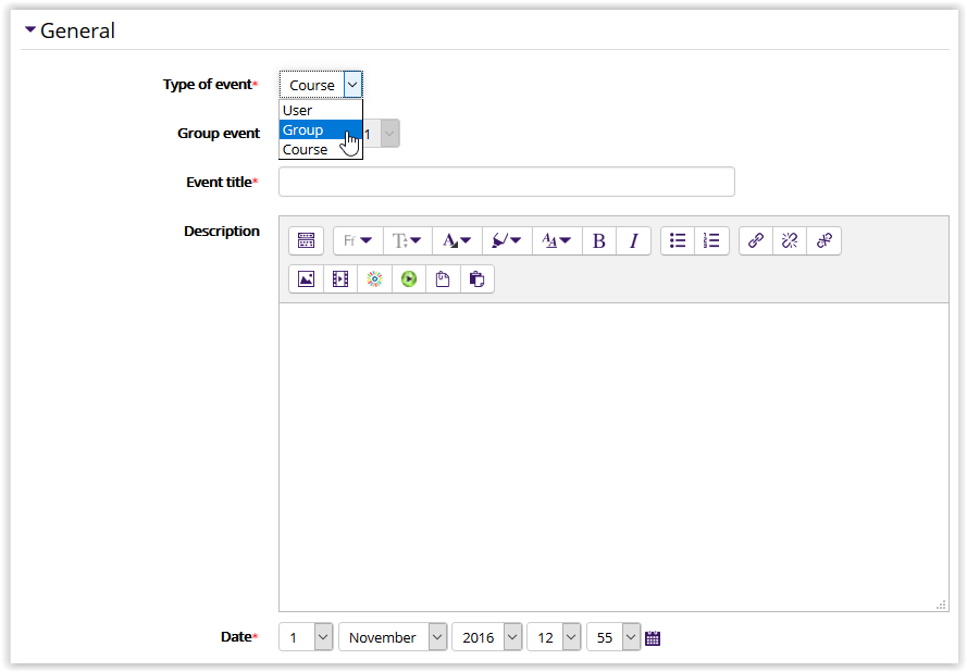 Calendar general settings, showing event type, group, title, description, and date
