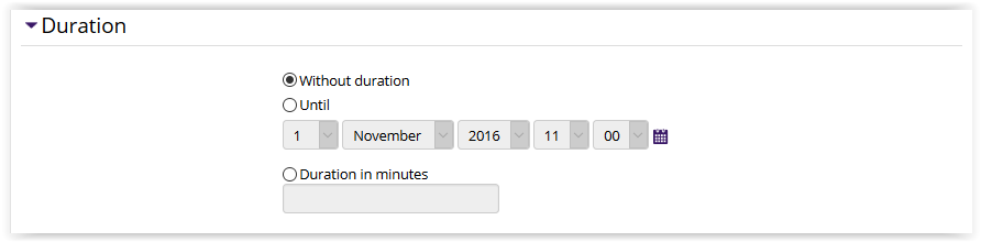  Calendar duration settings, showing date option or minute option