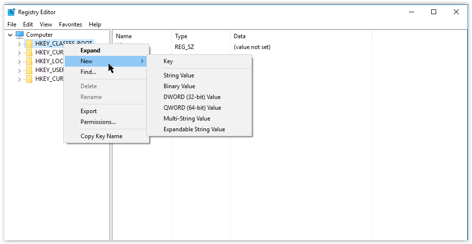 right click dropdown menu commands of the registry editor 