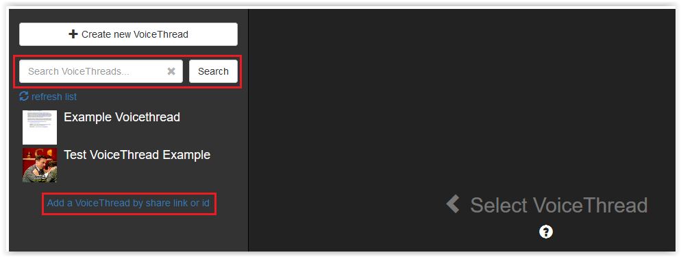 Search bar or Add a VoiceThread by Share Link or ID options.