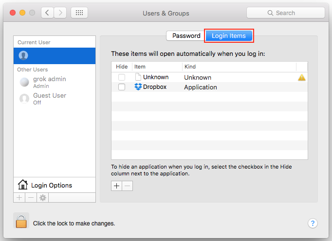 Login Items option on the Users & Groups screen