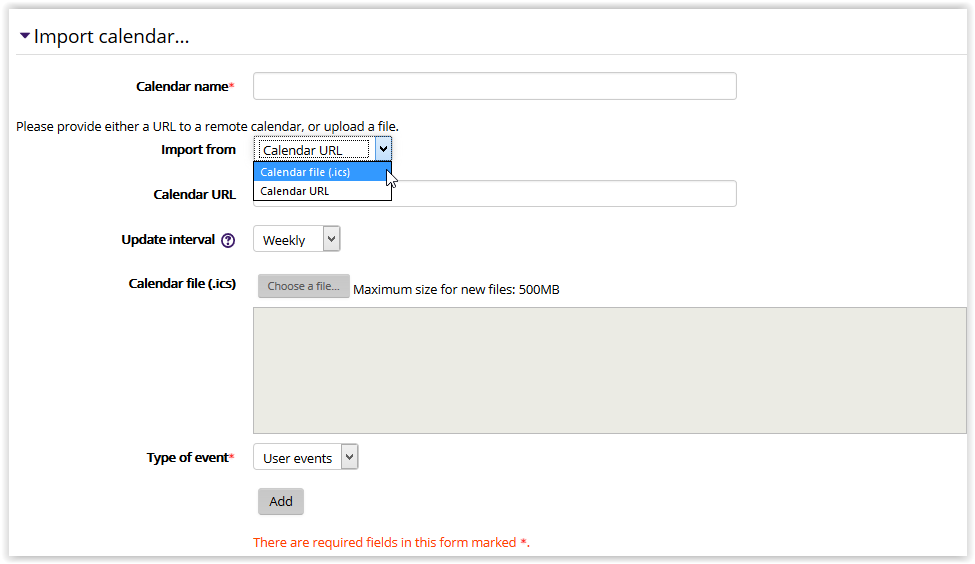 Import calendar window