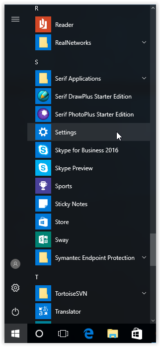 settings button in the start windows menu