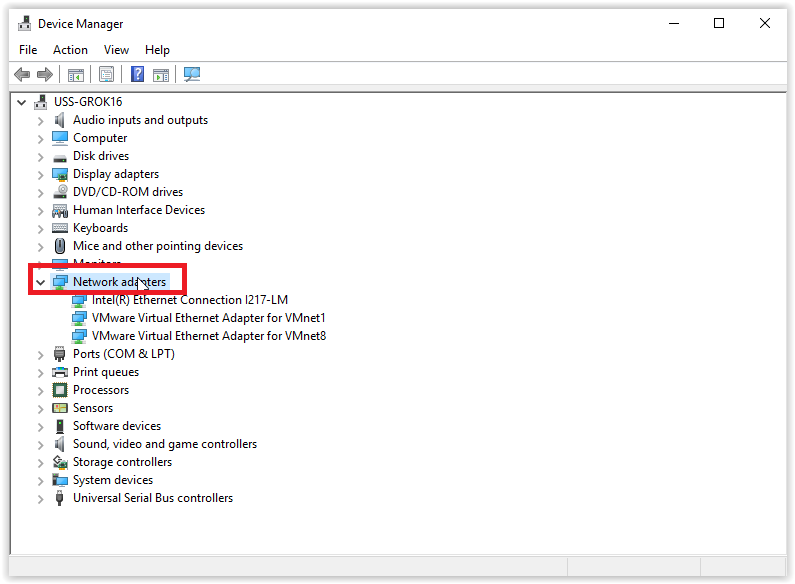 the device manager window with network adapters selected