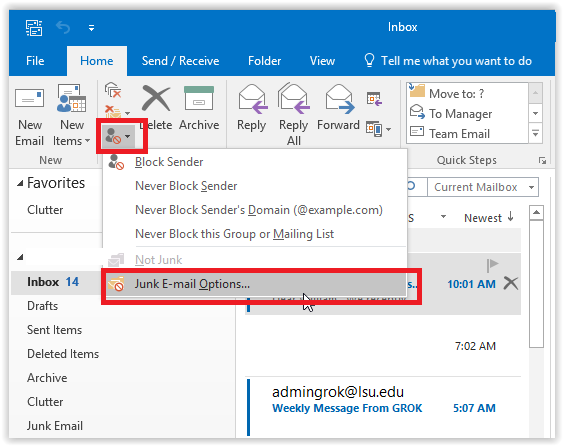 the junk e-mail options command.