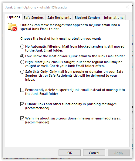the junk e-mail dialog box.