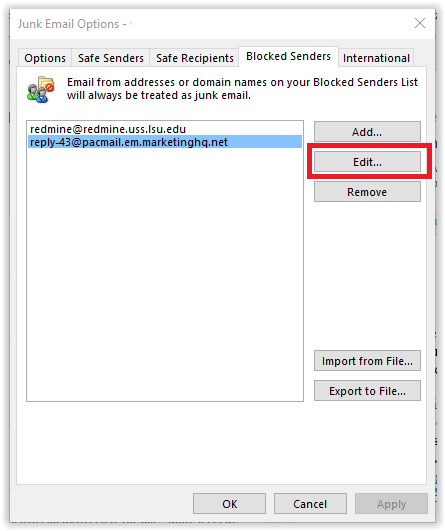 junk email options screen