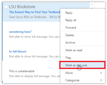 Mark as not junk option