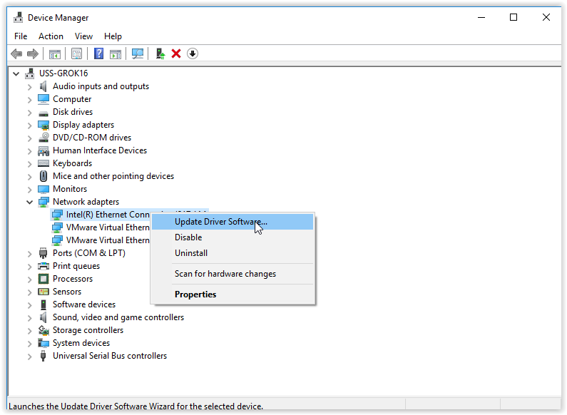 right clicking the adapter and selecting update driver software