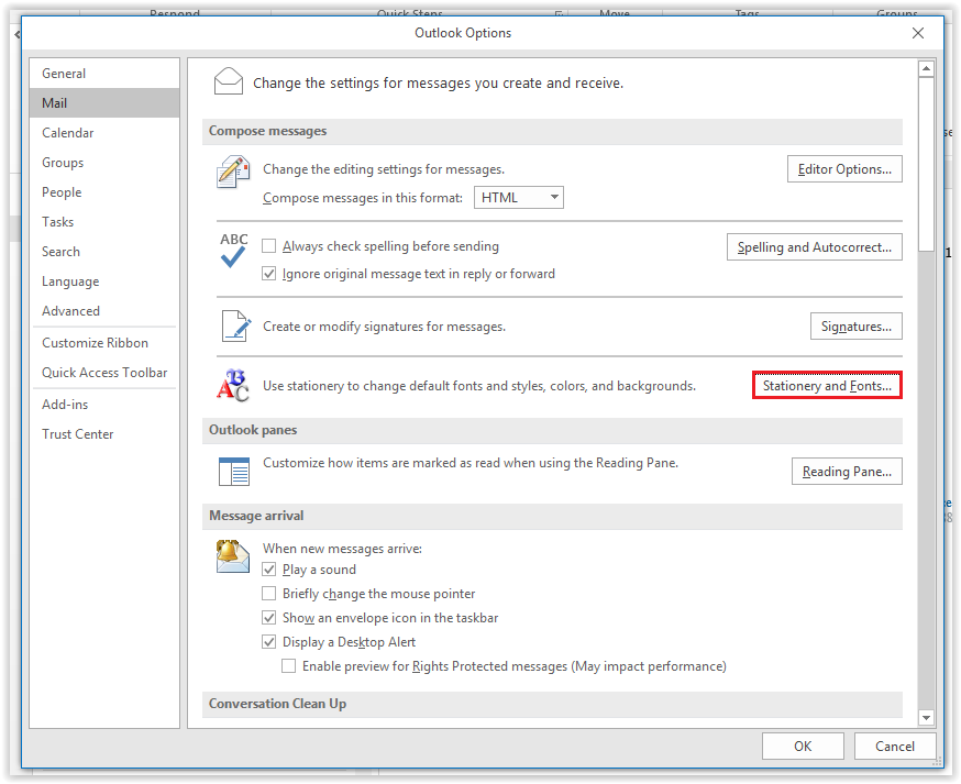 Stationery and Fonts option in the Mail tab in the Outlook options window