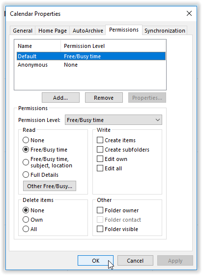 Calendar properties in outlook