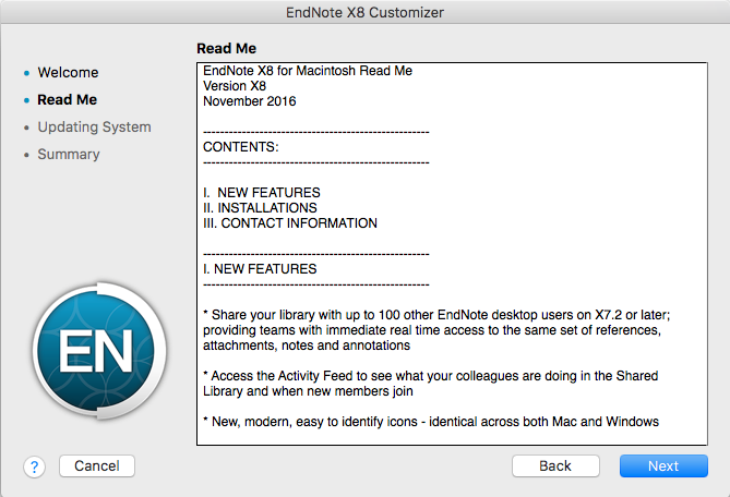 Endnote X8 "Read Me" window