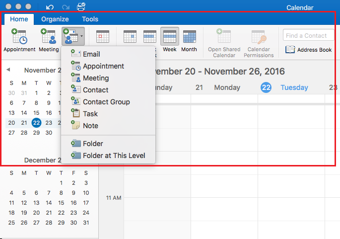 Set up calendar options on the Home tab