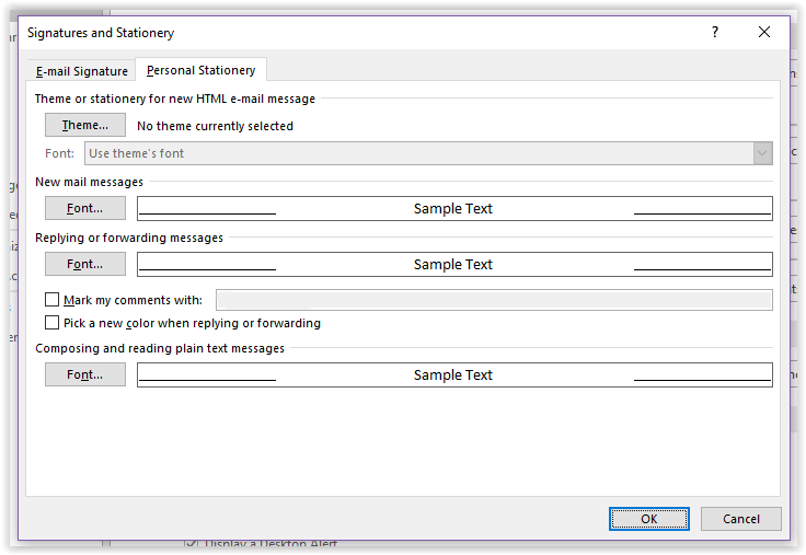 Options for editing Stationery and Fonts