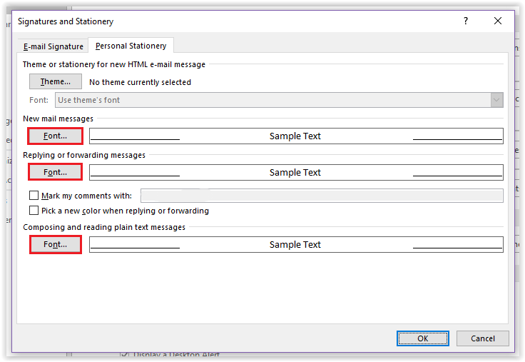 Options for choosing Themes in the Signature window