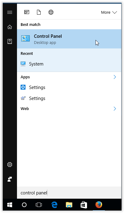 control panel button in start menu