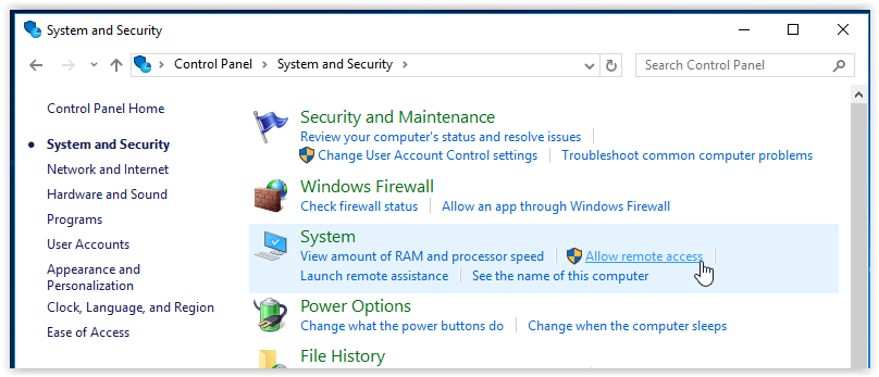 allow remote access button under system tab