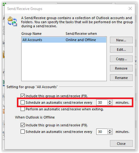 'schedule an automatic send/receive every 30 minutes' group is highlighted mid-screen