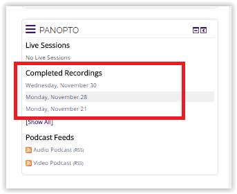 Panopto Focus Block with completed lecture recordings 