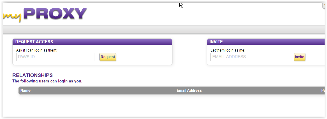 LSU myProxy page and options for those requesting access 