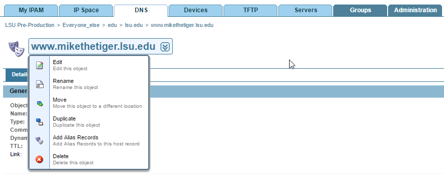 editing an existing number on the DNS tab.