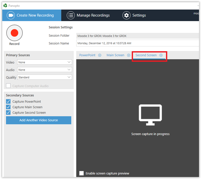 opening a second screen capture in panopto