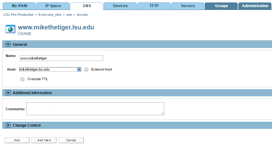 Fieldbox for CNames under the DNS tab