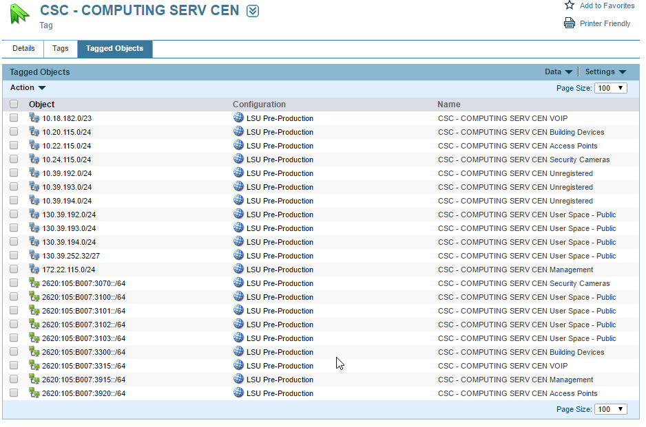 List of all subnets accessible under the Tagged Objects section