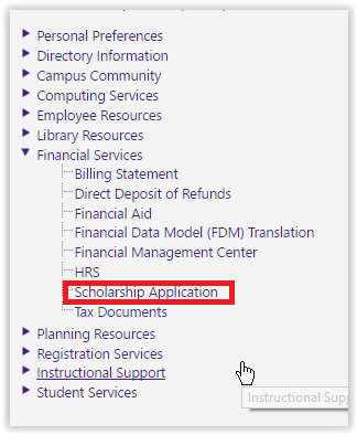 opening scholarship application from myLSU portal