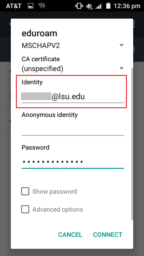 Entering paws id into identity field in wifi settings
